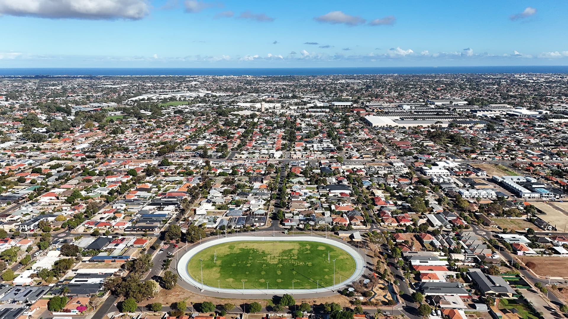 Aerial view of Adelaide looking west over Woodville Gardens